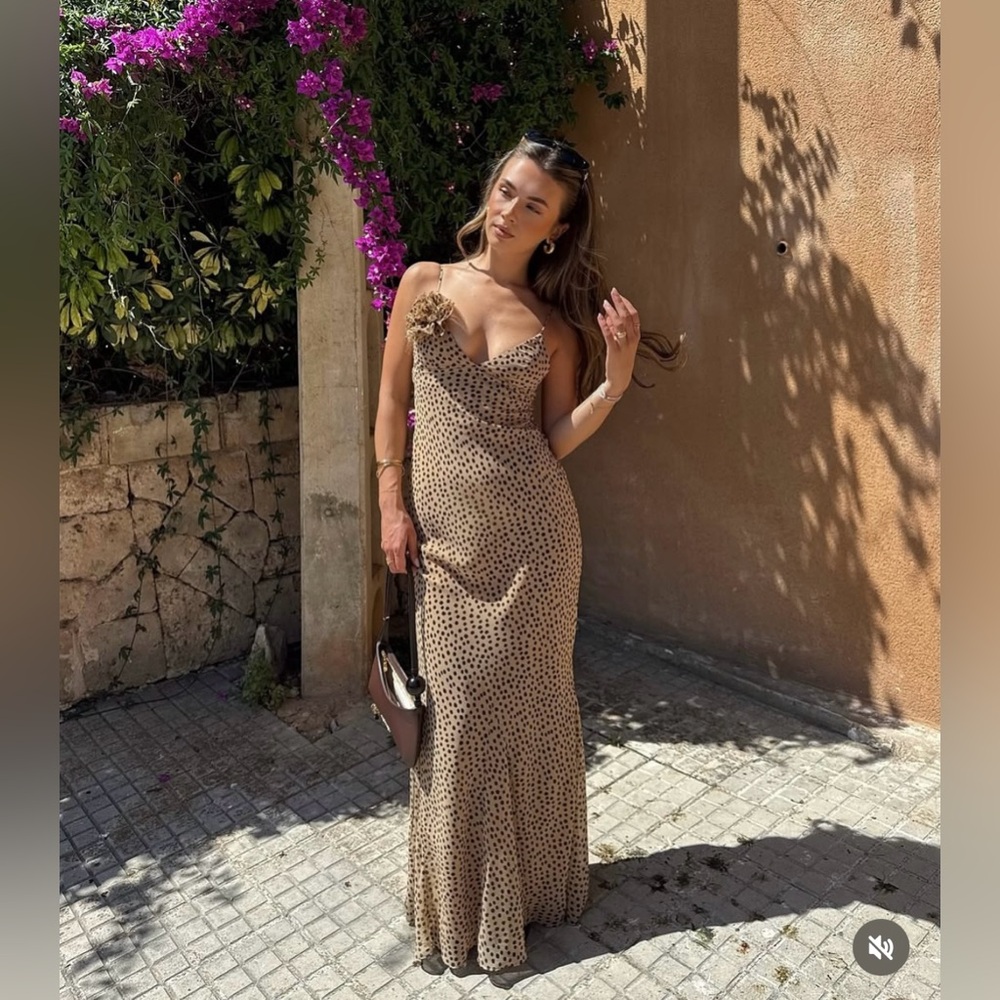 Zara Polka dot brown Maxi Dress evening party cocktail - Picture 5 of 14